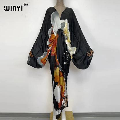 Sexy bech high-quality hand-rolled feel silk rayon fashion print 2021 WINYI Maxi women's robes long beach V-neck Bohemian dress