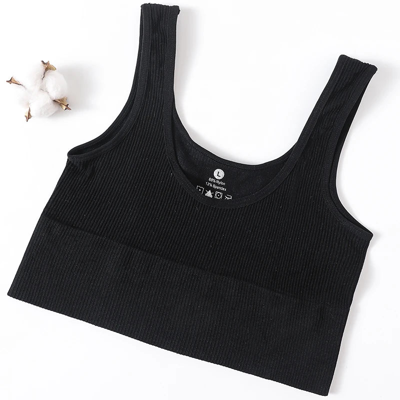 Women Seamless Ribbed Cropped Tank Top High Elastic Sleeveless Top Sexy Lingerie Sports Underwear O-neck Bra Daily Camisole M-XL