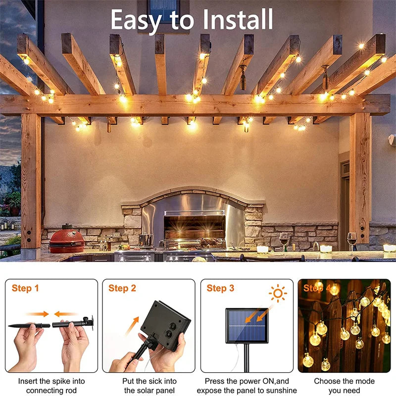 Solar String Crystal Globe Lights 60 LED 8 Lighting Modes IP65 Fairy Light Christmas Garland For Garden Party Decor 1pc/2pcs