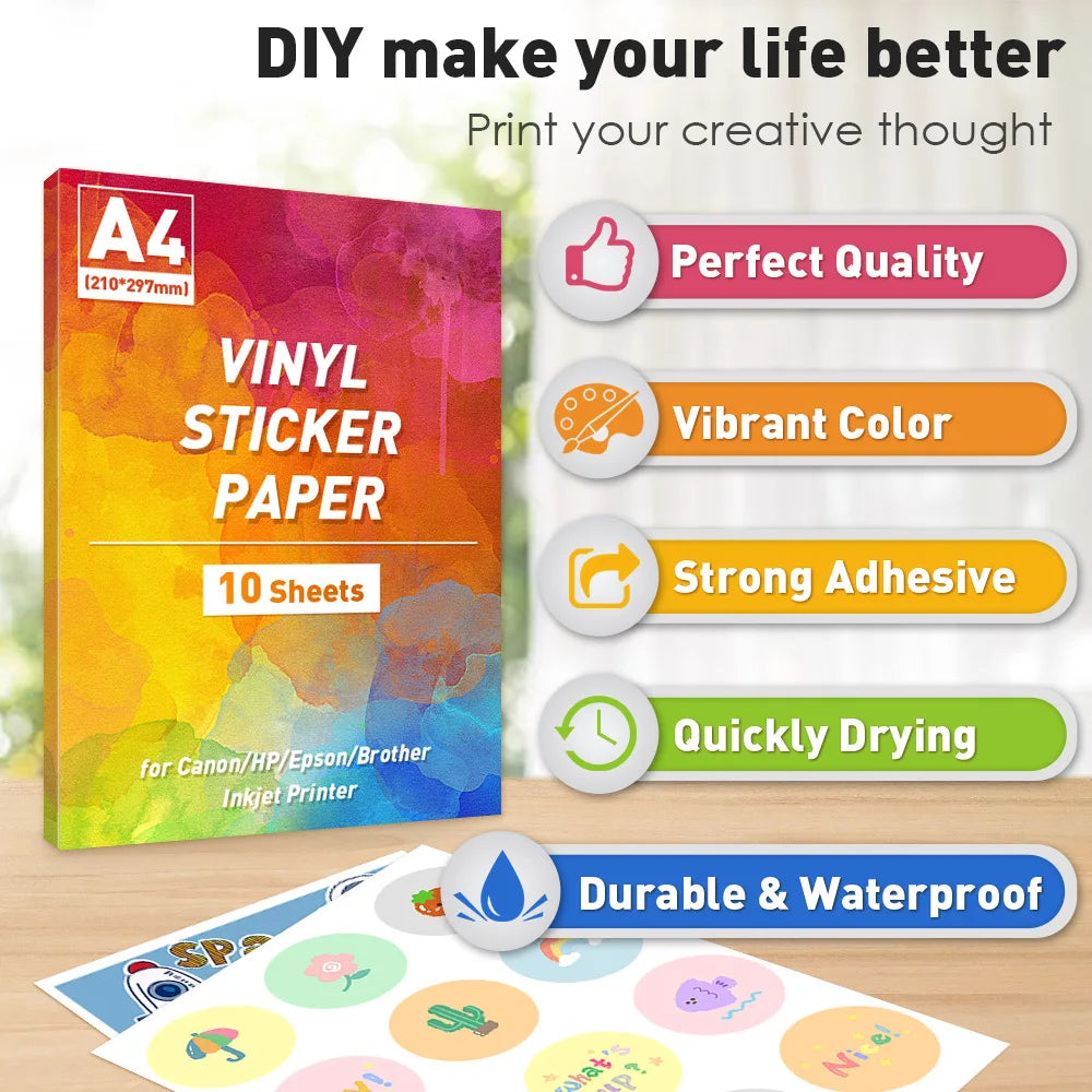 A4 Paper Sheets Adhesive Printable Label Sticker Paper Glossy for Inkjet Printer White Vinyl Label Copy Paper Gift Sticker
