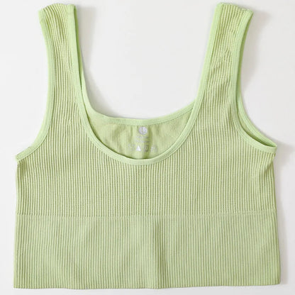 Women Seamless Ribbed Cropped Tank Top High Elastic Sleeveless Top Sexy Lingerie Sports Underwear O-neck Bra Daily Camisole M-XL