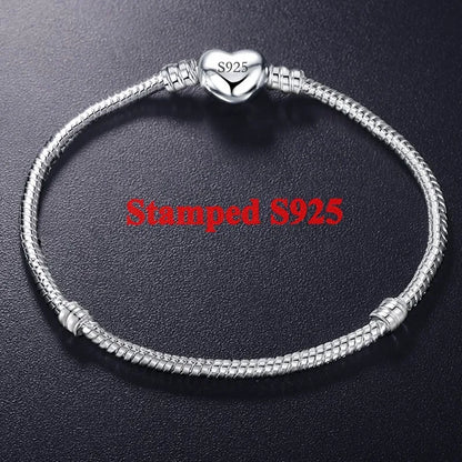 Handmade Jewelry Real 925 Sterling Silver Charm Bracelet Bangle Smooth Heart shape Bracelets for Women men DIY Jewelry 16-23cm