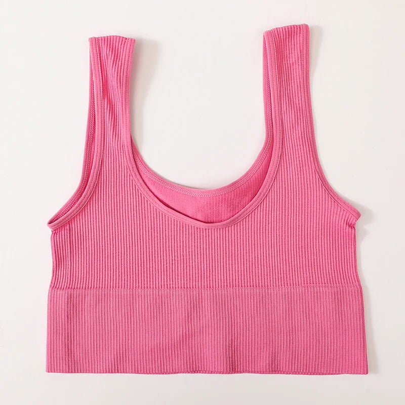 Women Seamless Ribbed Cropped Tank Top High Elastic Sleeveless Top Sexy Lingerie Sports Underwear O-neck Bra Daily Camisole M-XL