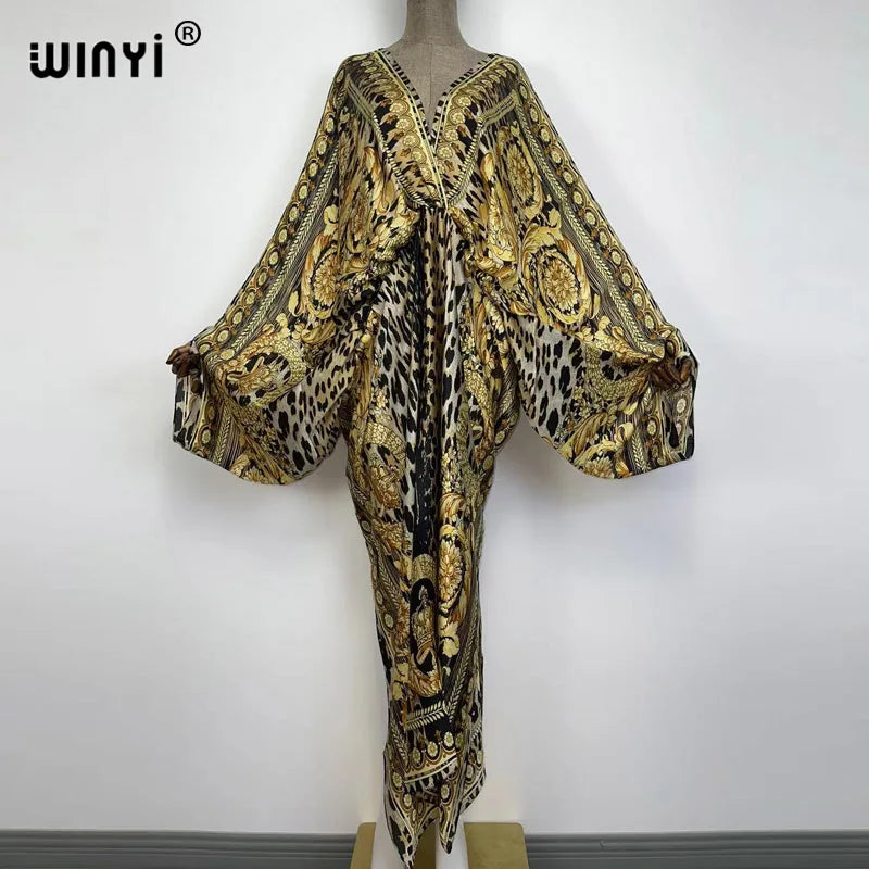 Sexy bech high-quality hand-rolled feel silk rayon fashion print 2021 WINYI Maxi women's robes long beach V-neck Bohemian dress
