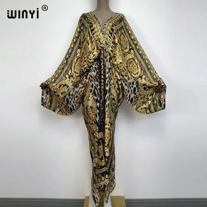 Sexy bech high-quality hand-rolled feel silk rayon fashion print 2021 WINYI Maxi women's robes long beach V-neck Bohemian dress