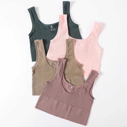 Women Seamless Ribbed Cropped Tank Top High Elastic Sleeveless Top Sexy Lingerie Sports Underwear O-neck Bra Daily Camisole M-XL