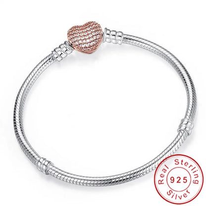 Handmade Jewelry Real 925 Sterling Silver Charm Bracelet Bangle Smooth Heart shape Bracelets for Women men DIY Jewelry 16-23cm