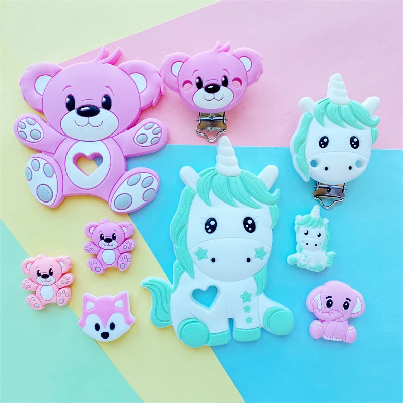 3pcs/set Silicone Cartoon Animal Figure Teether Beads and Clips Baby Teether Pacifier Chain Accessories Teething Jewelry Toys