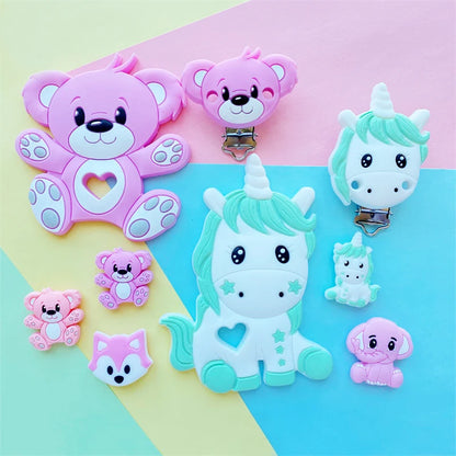 3pcs/set Silicone Cartoon Animal Figure Teether Beads and Clips Baby Teether Pacifier Chain Accessories Teething Jewelry Toys
