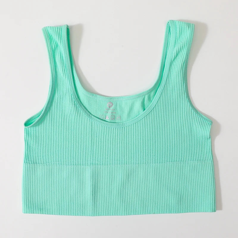 Women Seamless Ribbed Cropped Tank Top High Elastic Sleeveless Top Sexy Lingerie Sports Underwear O-neck Bra Daily Camisole M-XL
