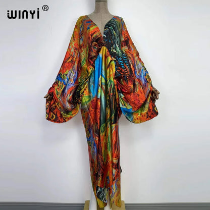 Sexy bech high-quality hand-rolled feel silk rayon fashion print 2021 WINYI Maxi women's robes long beach V-neck Bohemian dress