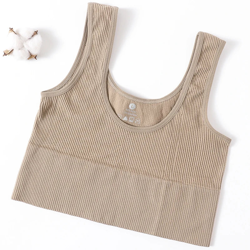 Women Seamless Ribbed Cropped Tank Top High Elastic Sleeveless Top Sexy Lingerie Sports Underwear O-neck Bra Daily Camisole M-XL