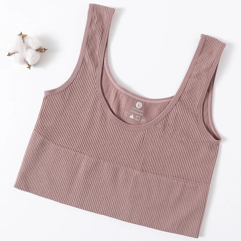 Women Seamless Ribbed Cropped Tank Top High Elastic Sleeveless Top Sexy Lingerie Sports Underwear O-neck Bra Daily Camisole M-XL
