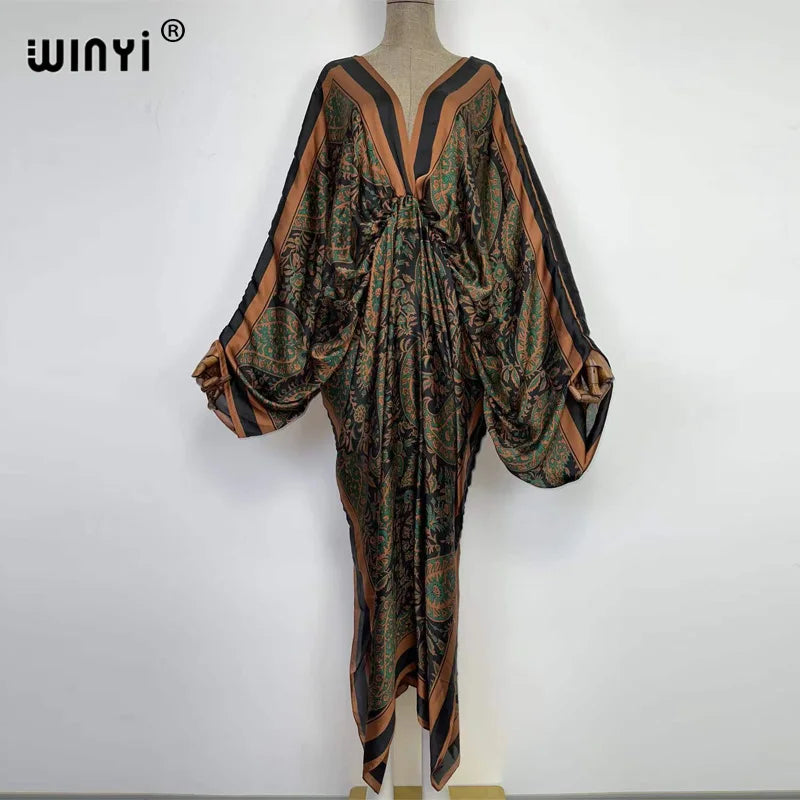 Sexy bech high-quality hand-rolled feel silk rayon fashion print 2021 WINYI Maxi women's robes long beach V-neck Bohemian dress