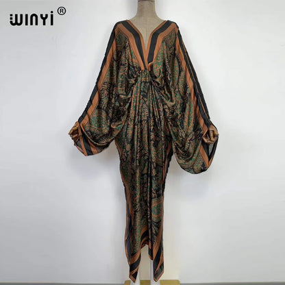 Sexy bech high-quality hand-rolled feel silk rayon fashion print 2021 WINYI Maxi women's robes long beach V-neck Bohemian dress