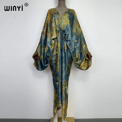 Sexy bech high-quality hand-rolled feel silk rayon fashion print 2021 WINYI Maxi women's robes long beach V-neck Bohemian dress
