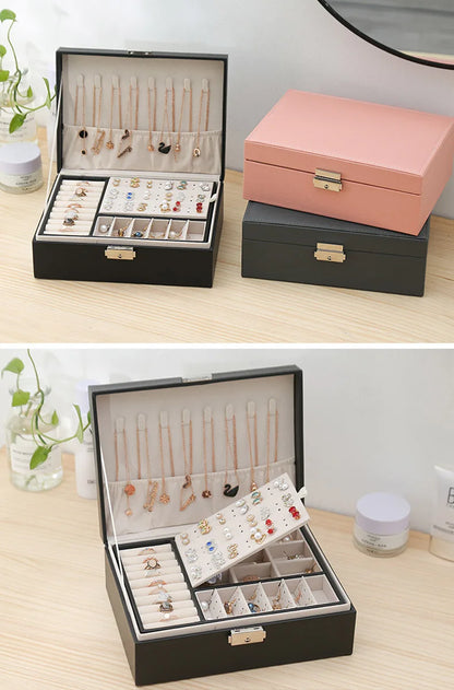 Double-layer Wooden Jewlery Box Ring Box Jewelry Boxes and Packaging with PU Leather Jewelry Storage Organizer and Makeup Case