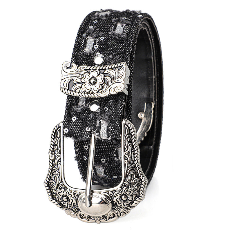 Women's Retro Casual Trend Rhinestone Buckle Belt, Street Ripped Denim Style Punk Rock Versatile Fashion Accessory，For Men Women