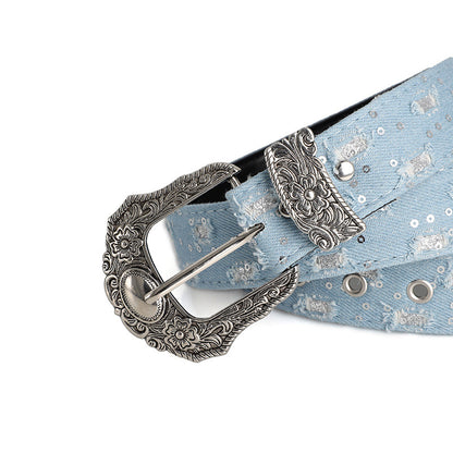Women's Retro Casual Trend Rhinestone Buckle Belt, Street Ripped Denim Style Punk Rock Versatile Fashion Accessory，For Men Women