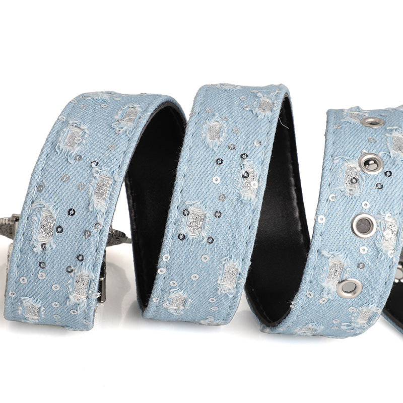Women's Retro Casual Trend Rhinestone Buckle Belt, Street Ripped Denim Style Punk Rock Versatile Fashion Accessory，For Men Women