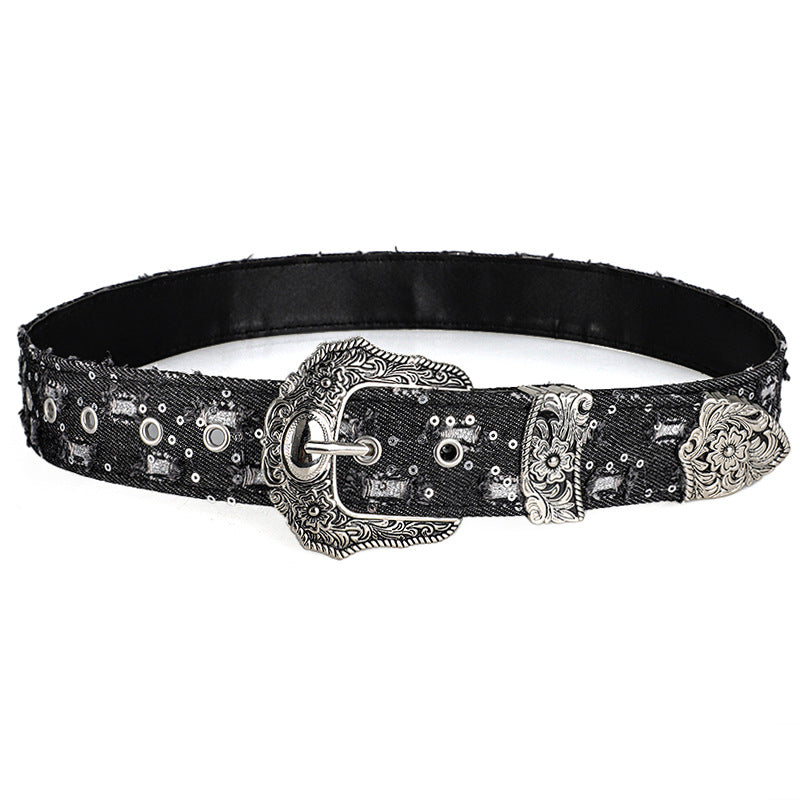 Women's Retro Casual Trend Rhinestone Buckle Belt, Street Ripped Denim Style Punk Rock Versatile Fashion Accessory，For Men Women