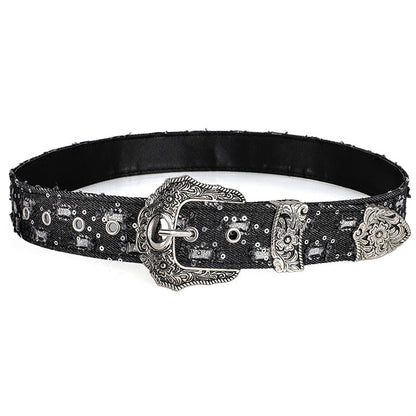 Women's Retro Casual Trend Rhinestone Buckle Belt, Street Ripped Denim Style Punk Rock Versatile Fashion Accessory，For Men Women