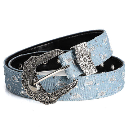 Women's Retro Casual Trend Rhinestone Buckle Belt, Street Ripped Denim Style Punk Rock Versatile Fashion Accessory，For Men Women