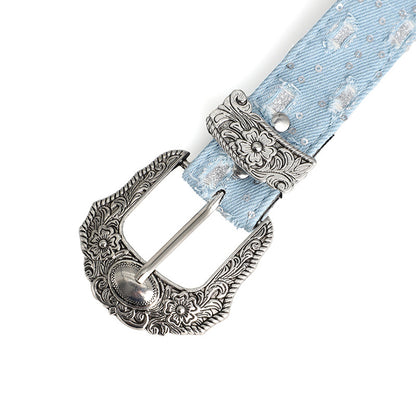 Women's Retro Casual Trend Rhinestone Buckle Belt, Street Ripped Denim Style Punk Rock Versatile Fashion Accessory，For Men Women