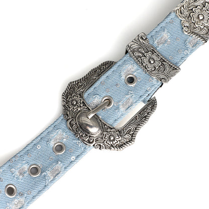 Women's Retro Casual Trend Rhinestone Buckle Belt, Street Ripped Denim Style Punk Rock Versatile Fashion Accessory，For Men Women
