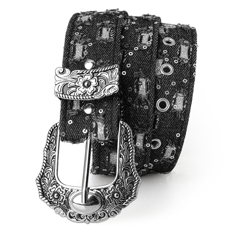 Women's Retro Casual Trend Rhinestone Buckle Belt, Street Ripped Denim Style Punk Rock Versatile Fashion Accessory，For Men Women