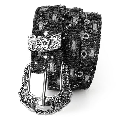 Women's Retro Casual Trend Rhinestone Buckle Belt, Street Ripped Denim Style Punk Rock Versatile Fashion Accessory，For Men Women