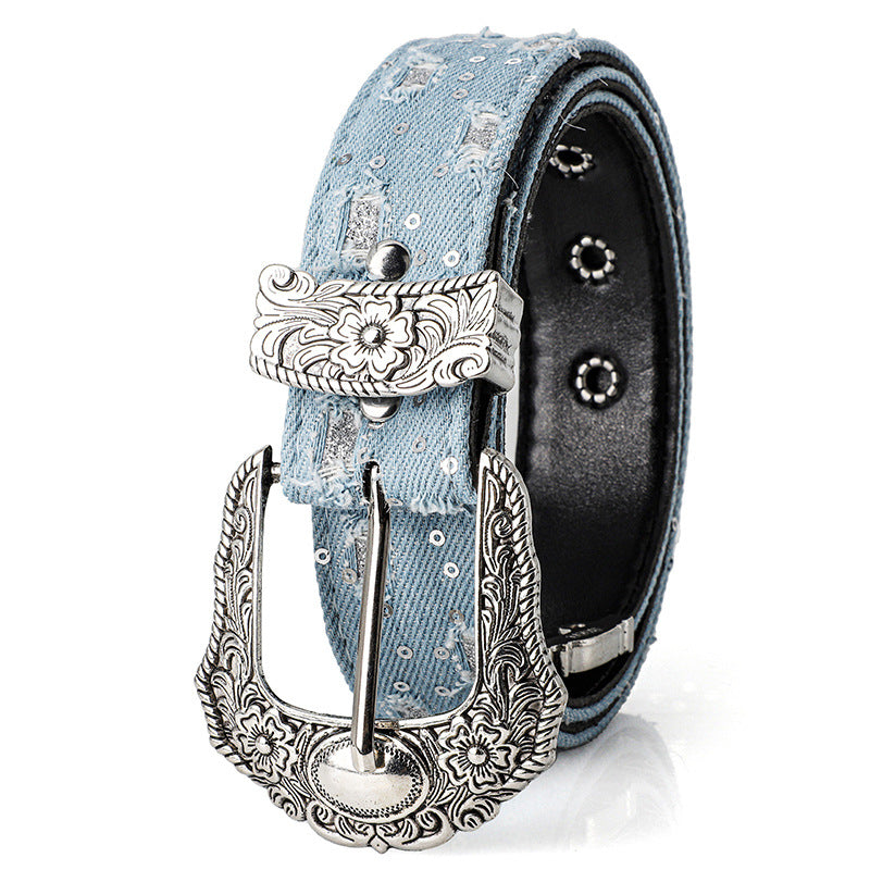 Women's Retro Casual Trend Rhinestone Buckle Belt, Street Ripped Denim Style Punk Rock Versatile Fashion Accessory，For Men Women