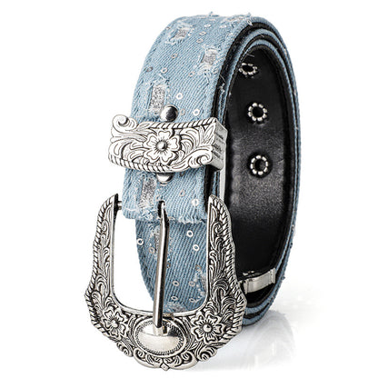 Women's Retro Casual Trend Rhinestone Buckle Belt, Street Ripped Denim Style Punk Rock Versatile Fashion Accessory，For Men Women