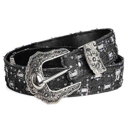Women's Retro Casual Trend Rhinestone Buckle Belt, Street Ripped Denim Style Punk Rock Versatile Fashion Accessory，For Men Women