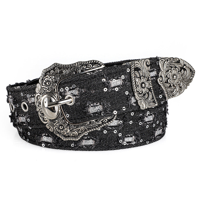 Women's Retro Casual Trend Rhinestone Buckle Belt, Street Ripped Denim Style Punk Rock Versatile Fashion Accessory，For Men Women