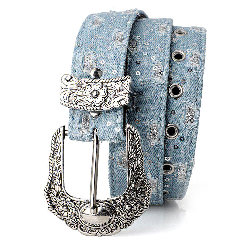 Women's Retro Casual Trend Rhinestone Buckle Belt, Street Ripped Denim Style Punk Rock Versatile Fashion Accessory，For Men Women