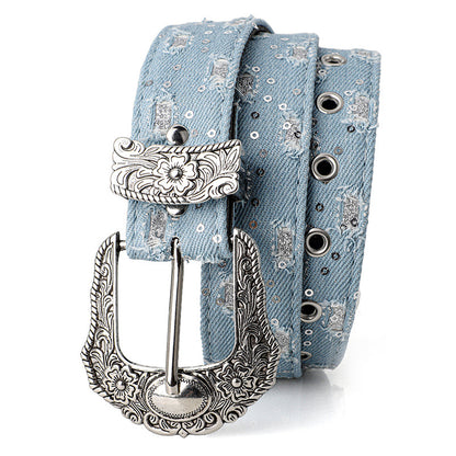 Women's Retro Casual Trend Rhinestone Buckle Belt, Street Ripped Denim Style Punk Rock Versatile Fashion Accessory，For Men Women