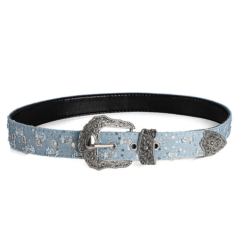 Women's Retro Casual Trend Rhinestone Buckle Belt, Street Ripped Denim Style Punk Rock Versatile Fashion Accessory，For Men Women