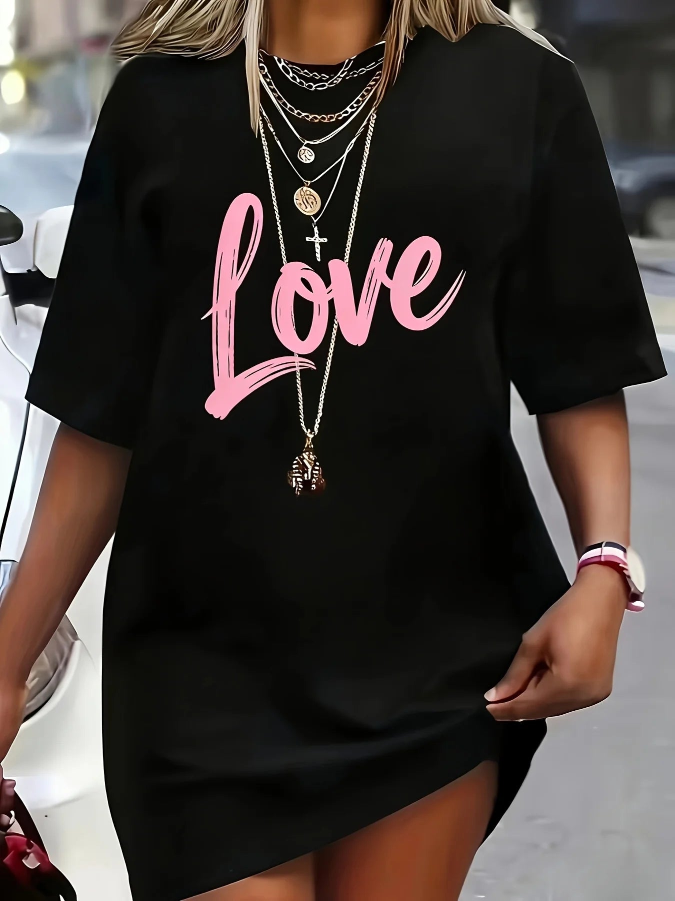Ladies' spring and summer casual loose plus size bee bow pattern printed round neck short sleeved T-shirt dress