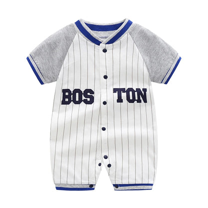 Baby One-Piece Clothing, Pure Cotton, Summer Outfit for 100-Day-Old Babies, Short-Sleeve, Stylish and Trendy Thin Baseball-Style Romper for Boys