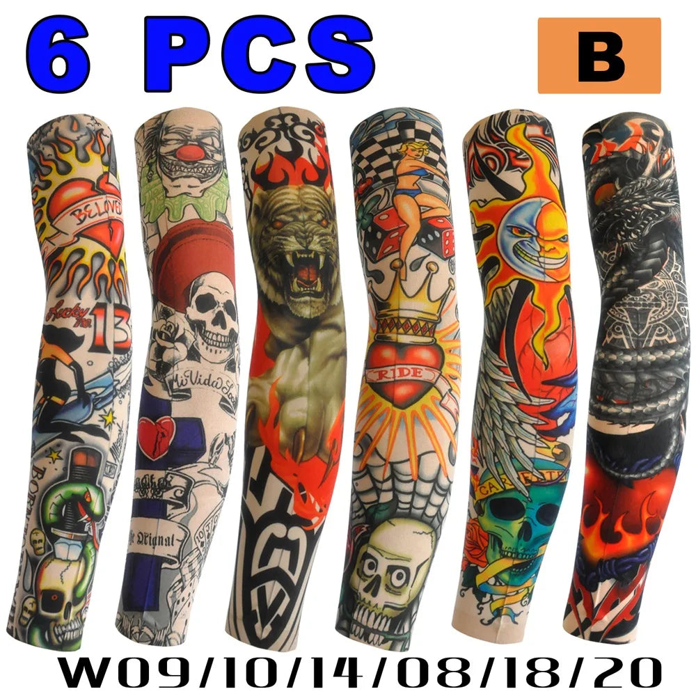 6 PCS Tattoo Sleeves Unisex Summer Cycling Sun Protection Arm Covers Beach Driving Fishing Breathable Nightclub Elastic Sleeves