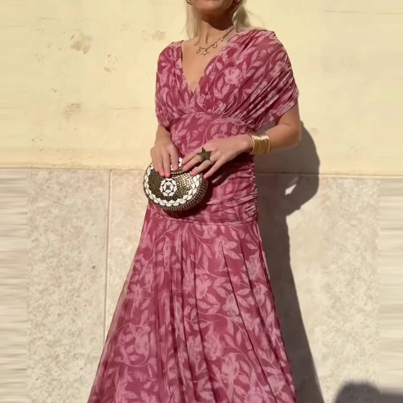 2025 Floral Print High Waist Pleat Party Dress Elegant Women Bat Sleeve Swing Party Dress Female Chest Low Cocktail A-Line Dress