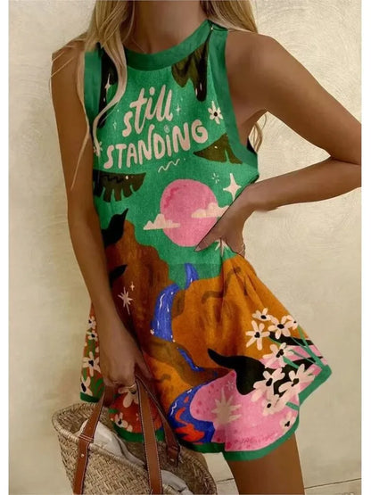 2025 Summer Casual print loose mini Dresses For Woman Fashion Beach Marine elements Dress o-neck  Sleeveless party Dress