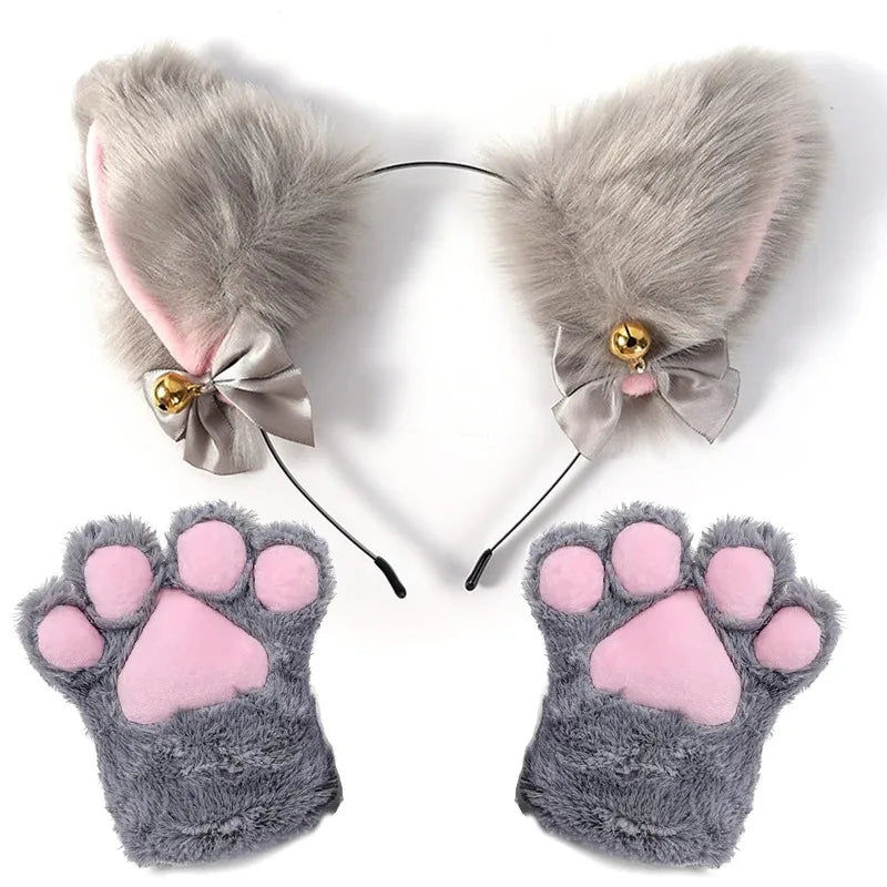 1 Set Cute Cat Ear Hair Wear Claw Gloves Girls Anime Cosplay Costume Plush Bell Cat Fur Ear Hairband Night Party Club Headbands