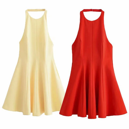 HXAO Halter Short Dress Womens Dresses Red Yellow Dress Woman Summer 2025 Ruffled Backless Sleeveless Vestidos Elegant Dress 066