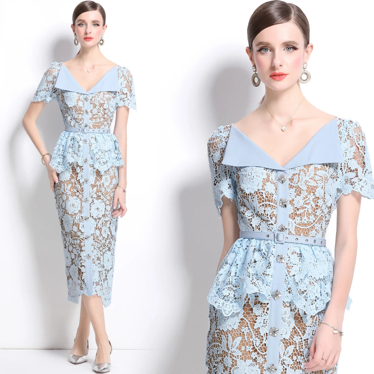 Quality Summer Beaded Diamonds Embroidery Beige White Lace Evening Dress Women Short Sleeve Ruffle Peplum Midi Prom Dresses Long