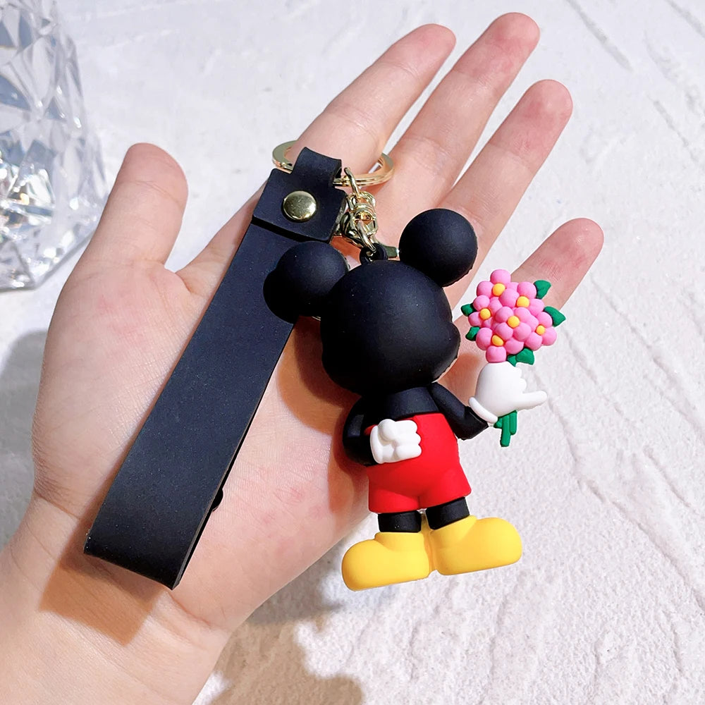 Mickey Minnie Flower Series PVC Figure Keychain Set, 6PCS Cute Cartoon Couple Key Rings with Floral Design for Bag Gift