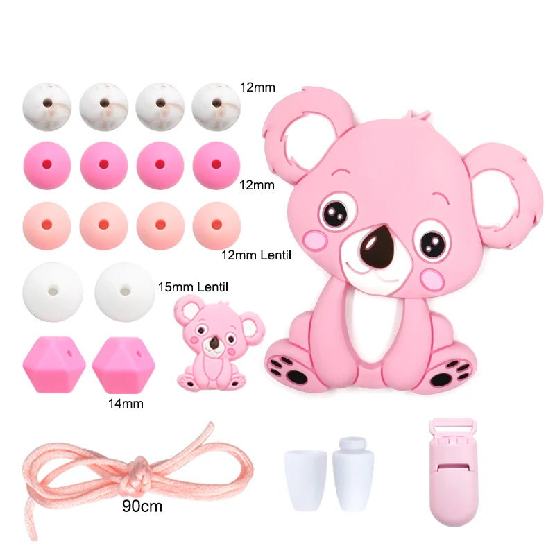 LOFCA Silicone Teether Wood Beads Set BPA Free DIY Baby Teething Necklace Toy Cartoon Koala Raccoon Pacifier Chain Clip