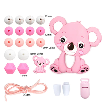 LOFCA Silicone Teether Wood Beads Set BPA Free DIY Baby Teething Necklace Toy Cartoon Koala Raccoon Pacifier Chain Clip