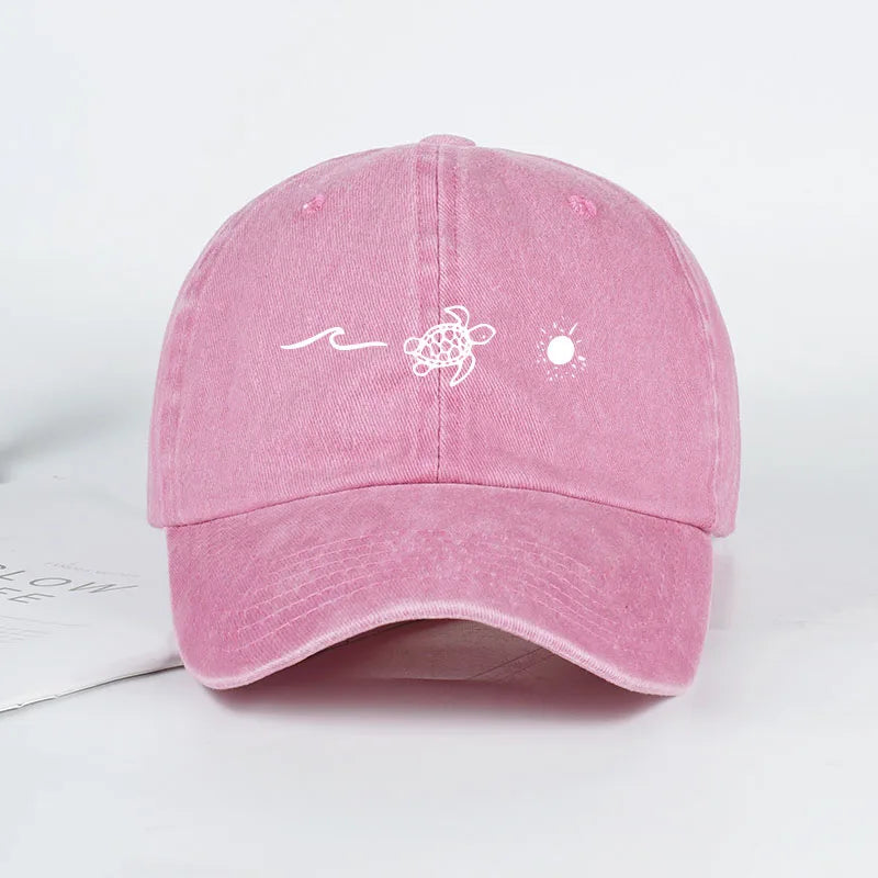 Retro Washed Baseball Cap with Wave, Turtle, and Sun Print – Unisex Adjustable Dad Cap – Summer Beach Sun Hat
